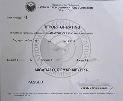 The Report of Rating from the NTC showing that I passed the exam, with breakdown of percentages per element.